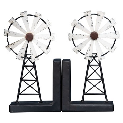 White Set of 2 Metal Windmill Bookends - Foreside Home & Garden