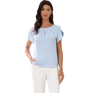 INSPIRE CHIC Women's Tulip Sleeve Pleated Front Round Neck Chiffon Summer Casual Blouses - 1 of 4