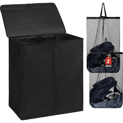 Double Laundry Basket with Lid and Removable Laundry Bags, Large Collapsible Laundry Hamper with 2 Sections