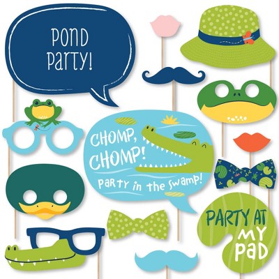 Big Dot of Happiness Pond Pals - Frog, Alligator, Turtle, Beaver and Duck Birthday Party or Baby Shower Photo Booth Props Kit - 20 Count