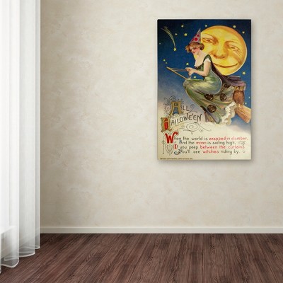 Vintage Halloween Witch Greendress Moon Canvas Art with Floater Frame