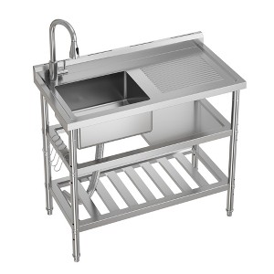 39 Inch Commercial Utility Sink with Faucet, Freestanding Stainless Steel Sink with Workbench & Storage Shelf for Kitchen Garage Outdoor - 1 of 4