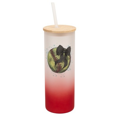 Elanze Designs 25 Ounce Frosted Glass Gradient Travel Tumbler With Straw and Wooden Lid, Softball Teal Paint Splatter Red