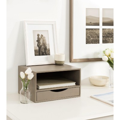 Gray Poplar Wood Floating Wall Shelf with Drawer