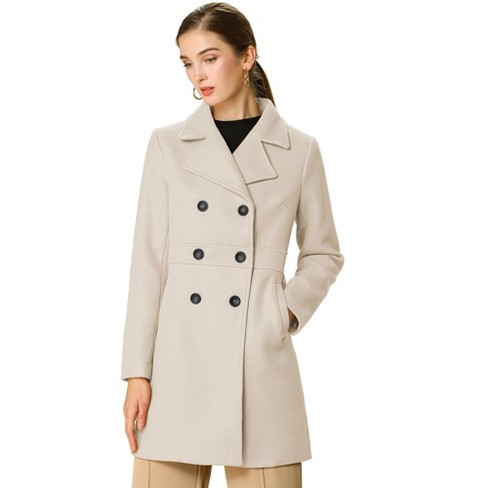 Allegra K Women's Notched Lapel Double Breasted Long Trench Coat Beige ...