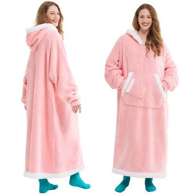Joyfy Adult Wearable Blanket Hoodie Pink Sweatshirt for Women Men Gifts Fleece Blanket Pullover  front Pocket Warm Fleece Long Hooded Blanket