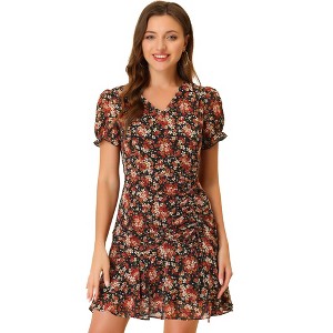 INSPIRE CHIC Women's Floral Puff Sleeve V Neck Drawstring Ruched Ruffle Dress - 1 of 4