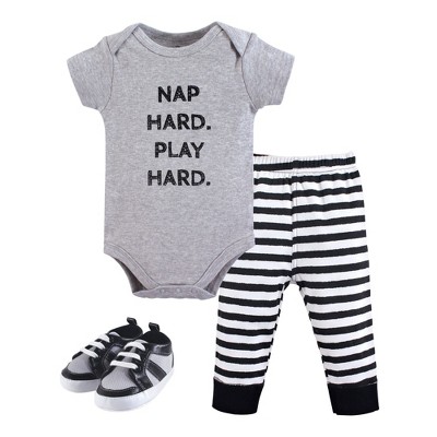 Little Treasure Baby Boy Cotton Bodysuit, Pant and Shoe 3pc Set, Nap Hard