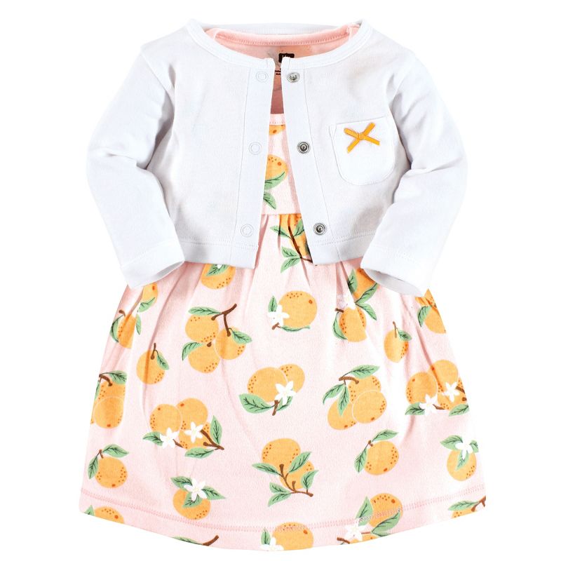 Hudson Baby Baby and Toddler Girl Cotton Dress and Cardigan Set, Citrus Orange, 1 of 5