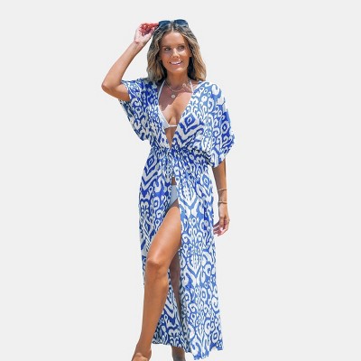 Women's Royal Blue Floral Damask Plunging Dolman Sleeve Maxi Cover-Up - Cupshe