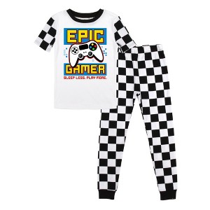 Epic Gamer Youth Boy's Black & White Checkered Short Sleeve Shirt & Sleep Pants Set - 1 of 4