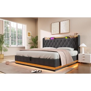 DOMETOUR King Upholstered Bed, LED Lights, Buttons/Apps/Remote, Hydraulic Storage, USB-C Charging, Gray Linen (No Mattress) - 1 of 4