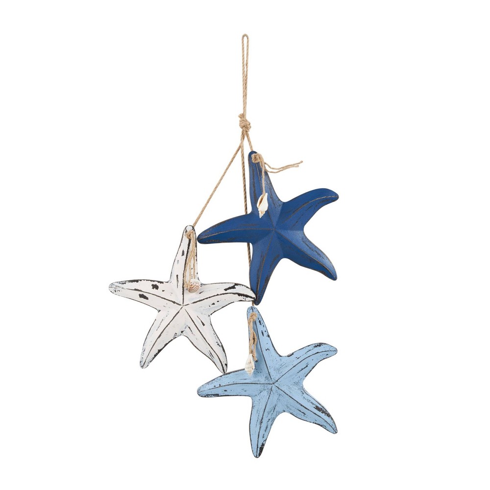 Photos - Wallpaper 27"x2" Wooden Starfish Distressed Layered Wall Decor with Hanging Rope and