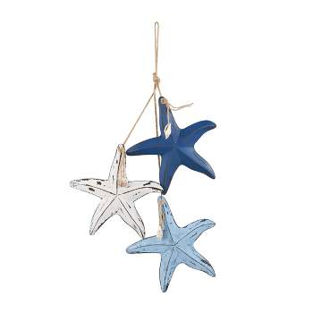 27"x2" Wooden Starfish Distressed Layered Wall Decor with Hanging Rope and Decorative Shell Accents Blue - Olivia & May