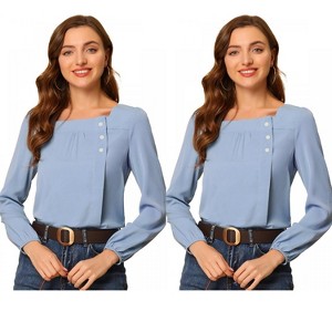 Allegra K Women's Casual Button Decor Long Sleeve Solid Square Neck Blouse 2 Packs - 1 of 4