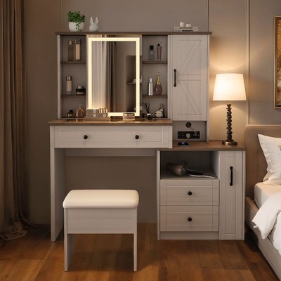 Vanity Desk with Adjustable Mirrors & 3 Lighting Colors, Makeup Vanity with Power Strip, Dressing Table Set with Drawers & Cabinets & Storage Stool