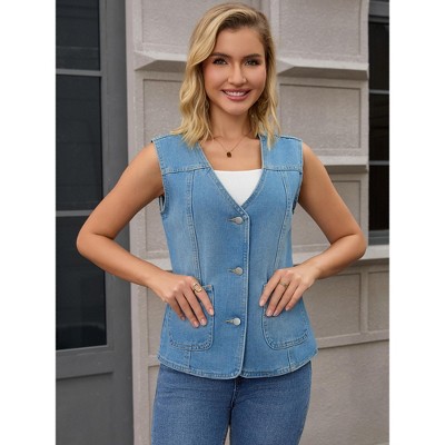 INSPIRE CHIC Women's V Neck Patch Pockets Button Down Sleeveless Denim Vest X-Large Blue — фото 3