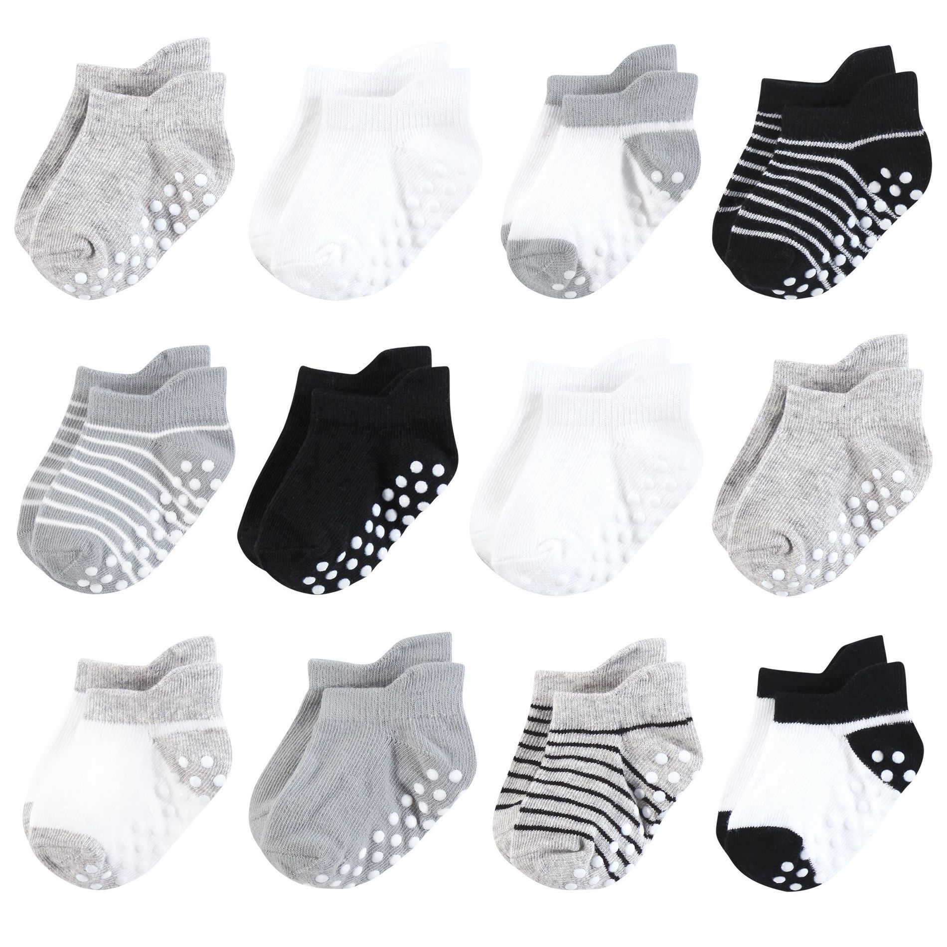 Hudson Baby Infant Boy Non-Skid No-Show Socks, Black Gray Stripes, 0-6 Months