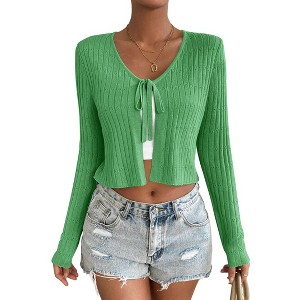 BLUEMING Summer Cardigan Sweaters for Women Cropped Lightweight Front Tie Cardigan with Eyelet Knit Rib Texture Caridigan - 1 of 4
