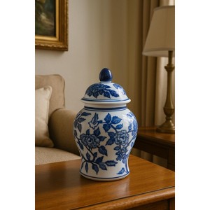 Sagebrook Home 8" Temple Jar with Lid - Ceramic White and Blue Chinoiserie Floral Stoneware for Home, Office - 1 of 4