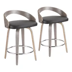 Set of 2 Grotto Mid Century Modern Counter Height Barstool Light Faux Leather Gray/Black - LumiSource