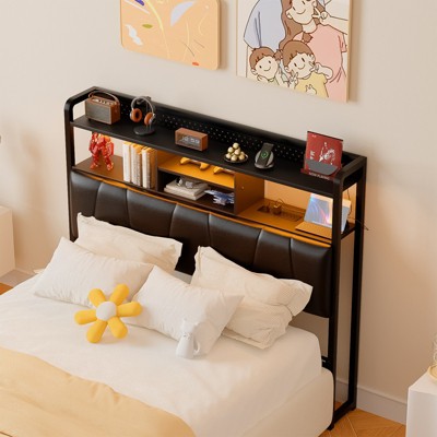 Aheaplus Upholstered Headboard with Storage Shelf, Charging Station and LED Light