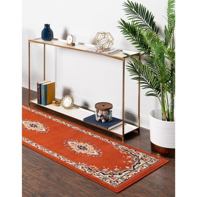 Terracotta and Cream Medallion Synthetic Runner Rug 3' x 16' 5"