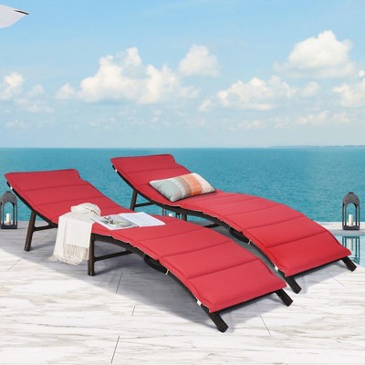 Costway 2PCS Patio Rattan Folding Lounge Chair Stackable Double Sided Cushion Outdoor Red