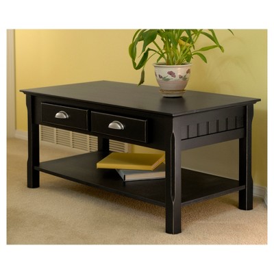 Black Rectangular Wood Coffee Table with Storage Drawers