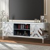 59'' Silver Mirrored TV Stand, TV Console Table with Open Shelf and 2 Storage Cabinets, Sparkling Mirror Doors – Cuddlewood - 3 of 4
