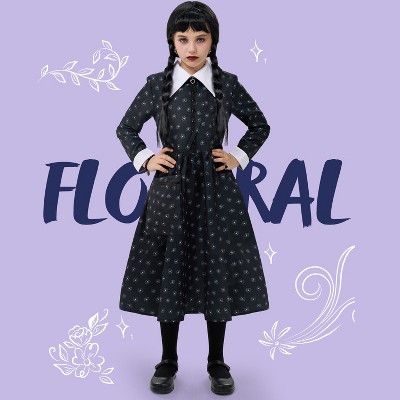 Joyfy Girls Halloween Costume The Addams Family Wednesday Costume, Black Floral Print Dress with Wig Stocks Halloween Dress Up Costume