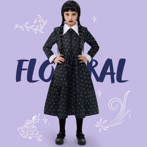 Joyfy Girls Halloween Costume The Addams Family Wednesday Costume, Black Floral Print Dress with Wig Stocks Halloween Dress Up Costume - 1 of 4