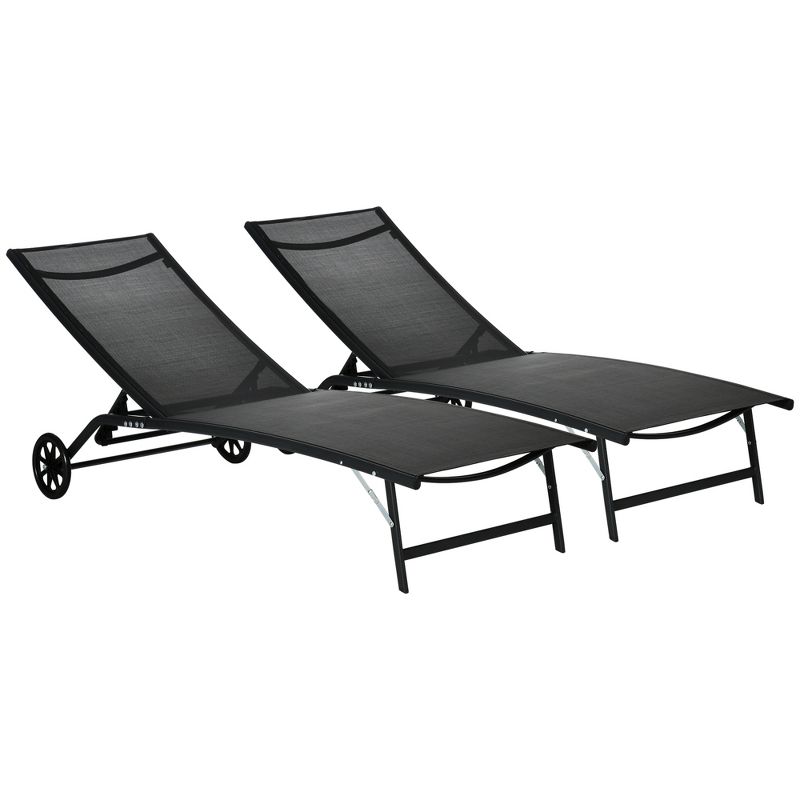 Outsunny Patio Chaise Lounge Chair Set of 2, 2 Piece Outdoor Recliner with Wheels, 5 Level Adjustable Backrest for Garden, Deck & Poolside, 1 of 8