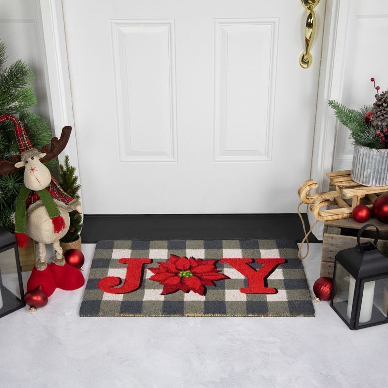 Northlight Gray and Red Poinsettia "Joy" Christmas Natural Coir Outdoor Doormat 18" x 30", 2 of 7
