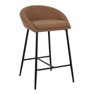 Camel Faux Leather Counter Stools with Black Metal Frame, Set of 2