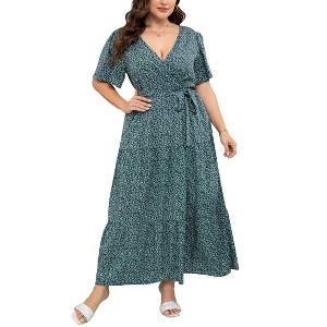 BLUEMING Summer Maxi Dress for Plus Size Women Tie Wasit Surplice Dress Flutter Sleeve A-Line Dress - 1 of 4