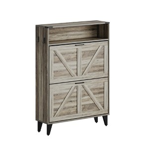 Shoe Cabinet with 2 Flip Drawers, Farmhouse Freestanding Shoes Organizer with Metal Legs, Narrow Shoe Rack Cabinet, Slim Shoes Storage Cabinet for - 1 of 4