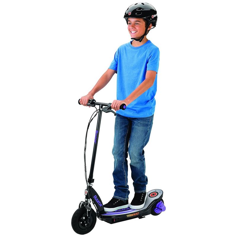 Razor Power Core E100 Electric Scooter with Aluminum Deck, Hand Operated Front Brake, and Adjustable Handlebar Height for Kids 8 Years Plus, Purple, 5 of 7