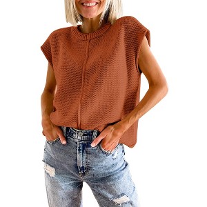 Womens Cap Sleeve Sweater Vest Crew Neck Knit Sleeveless Tank Tops Casual Lightweight Pullover Sweaters - 1 of 1