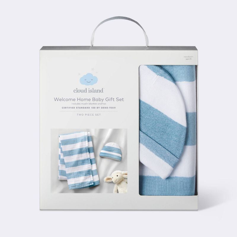 Hospital Muslin Swaddle Baby Blanket and Hat Gift Set - Blue and White Stripes - 2pk - Cloud Island&#8482;, 5 of 6