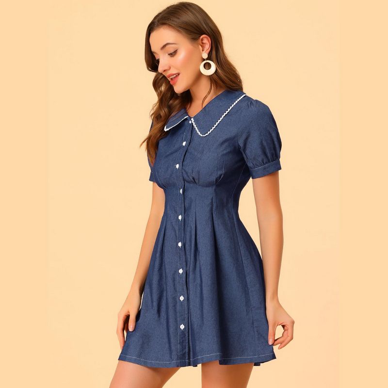 Allegra K Women's Chambray Puff Button Front Flare A-line Mini Shirt Dresses, 4 of 7