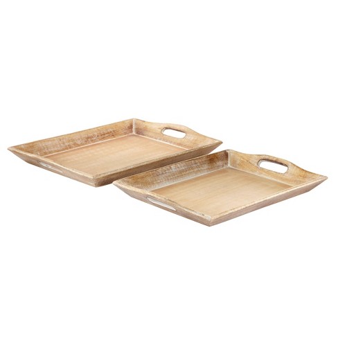 Set Of 2 Traditional Whitewashed Natural Mango Wood Serving Trays Brown ...