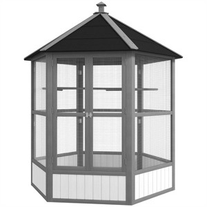 phiestina Bird Cage, Multi-Use Solid Roof Hexagonal Aviary, White, Light Gray & Black, for Outdoor Use - 1 of 4