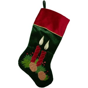 Northlight 20" Dark Green and Burgundy Candle and Pine Cone Velveteen Christmas Stocking - 1 of 4