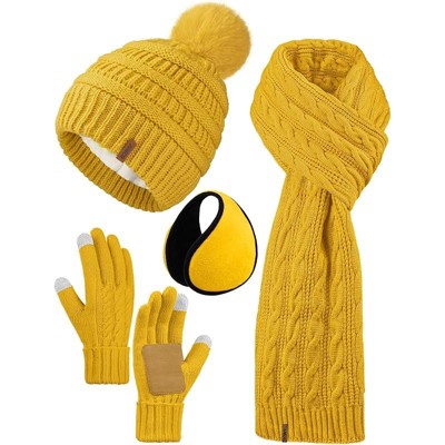 ZUPPAD 4-in-1 Women Winter Beanie Hat Scarf Touchscreen Gloves Ear Warmer Set Fleece Lined Warm Knit Skull Cap with Pom Pom