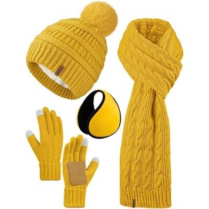 ZUPPAD 4-in-1 Women Winter Beanie Hat Scarf Touchscreen Gloves Ear Warmer Set Fleece Lined Warm Knit Skull Cap with Pom Pom - 1 of 4