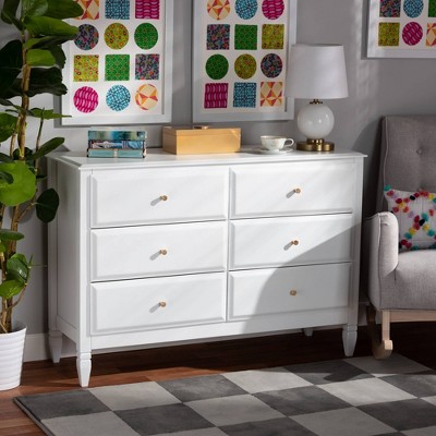 6 Drawer Naomi Wood Bedroom Dresser White/Gold - Baxton Studio: Glamorous Gold-Tone Knobs, Tapered Feet
