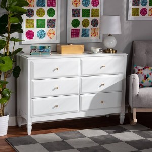 6 Drawer Naomi Wood Bedroom Dresser White/Gold - Baxton Studio: Glamorous Gold-Tone Knobs, Tapered Feet - 1 of 4