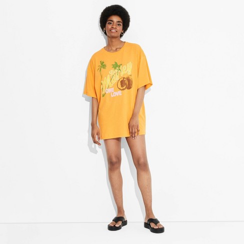 Women s Bob Marley One Love Short Sleeve Graphic T shirt Dress Orange L xl Target