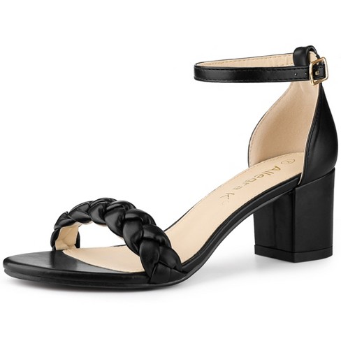 Open Toe Ankle Strap Block Heel Sandals - Black